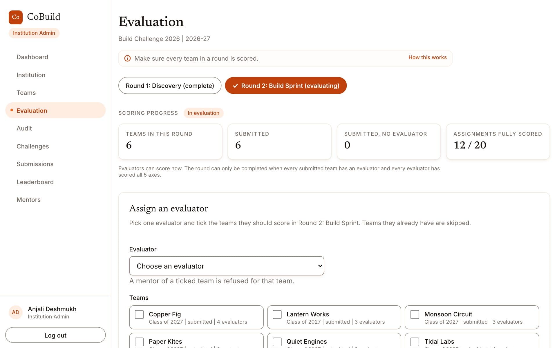 The evaluation desk for a round in evaluation: six teams submitted, twelve of twenty assignments fully scored, and a form to assign an evaluator.