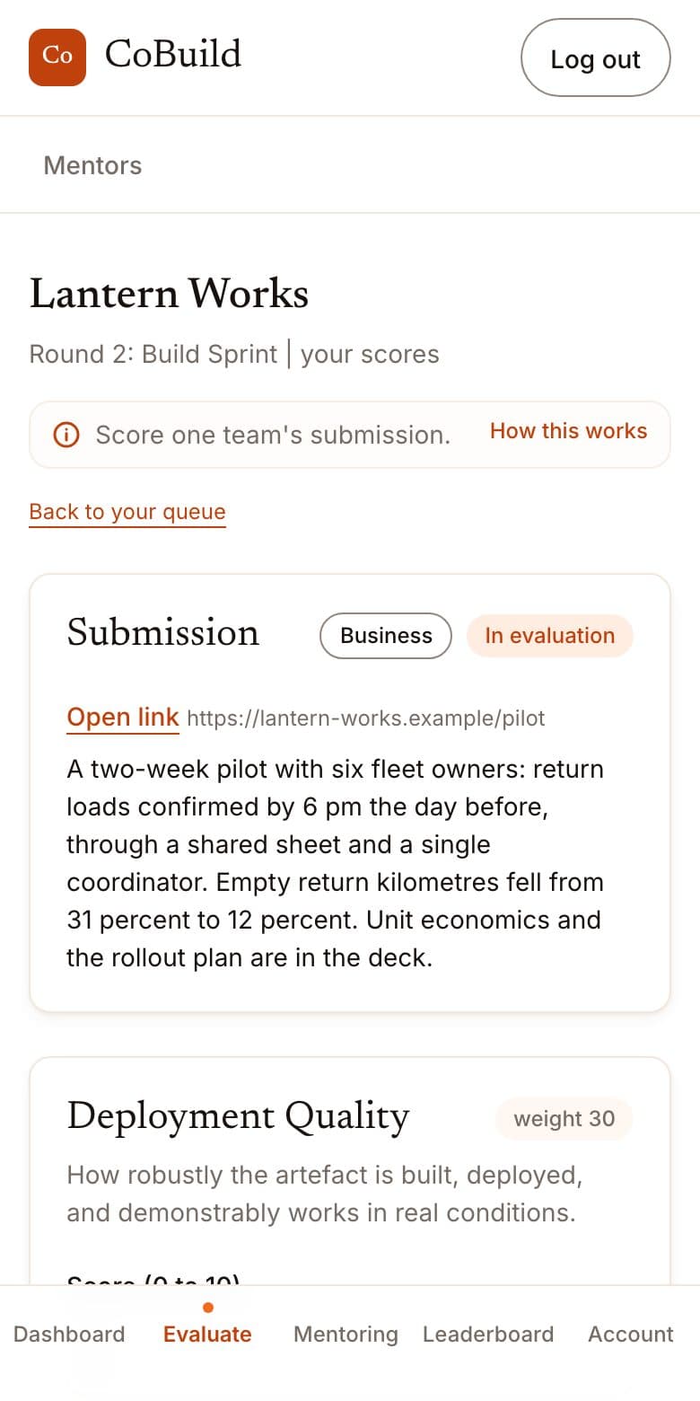 A juror's scoring form for one team: the submitted work, then a score out of ten and a note for each criterion.