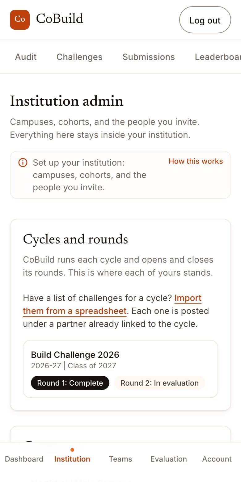 The institution admin page showing a cycle with one round complete and one in evaluation, and a campus with its join code.