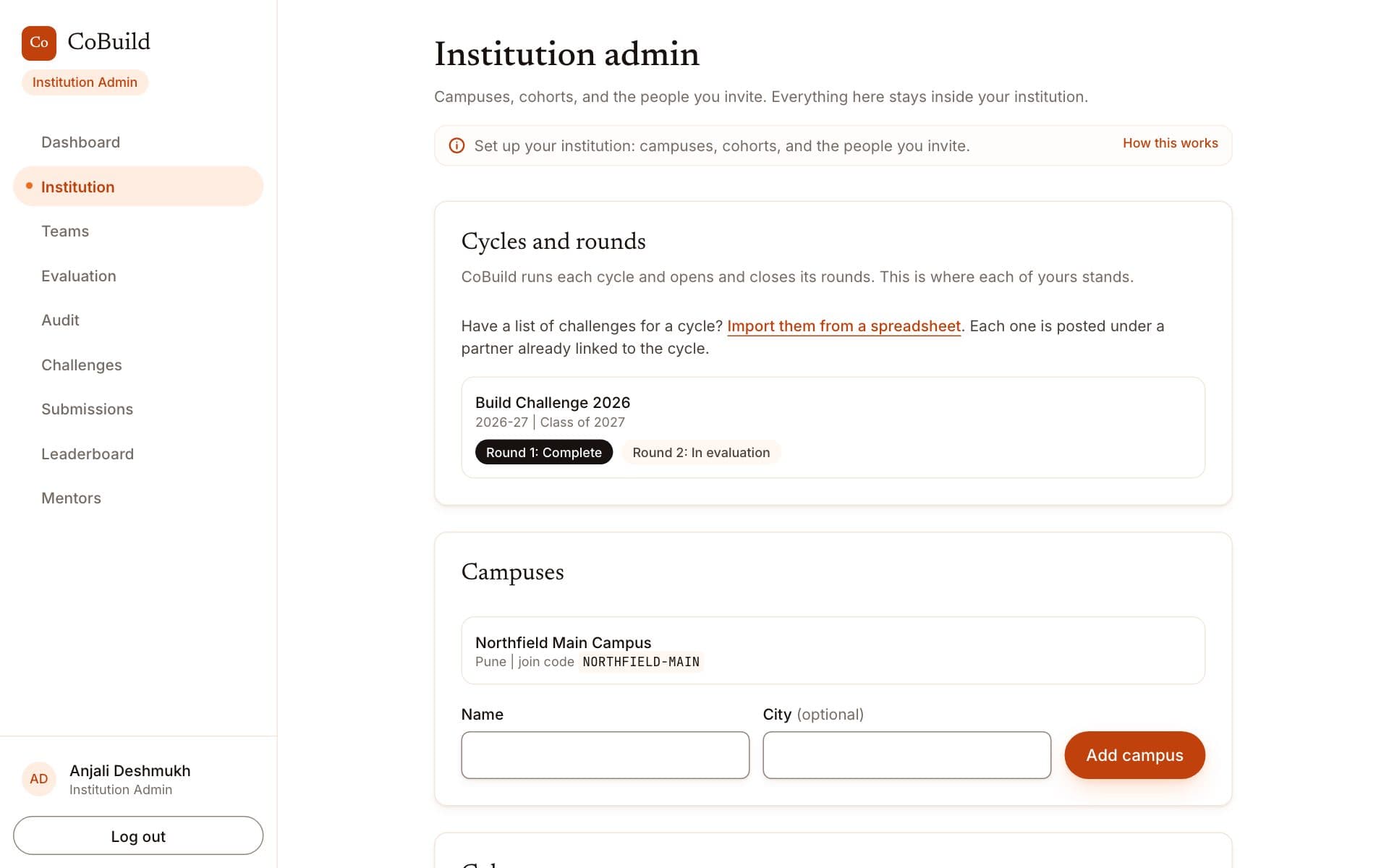 The institution admin page showing a cycle with one round complete and one in evaluation, and a campus with its join code.