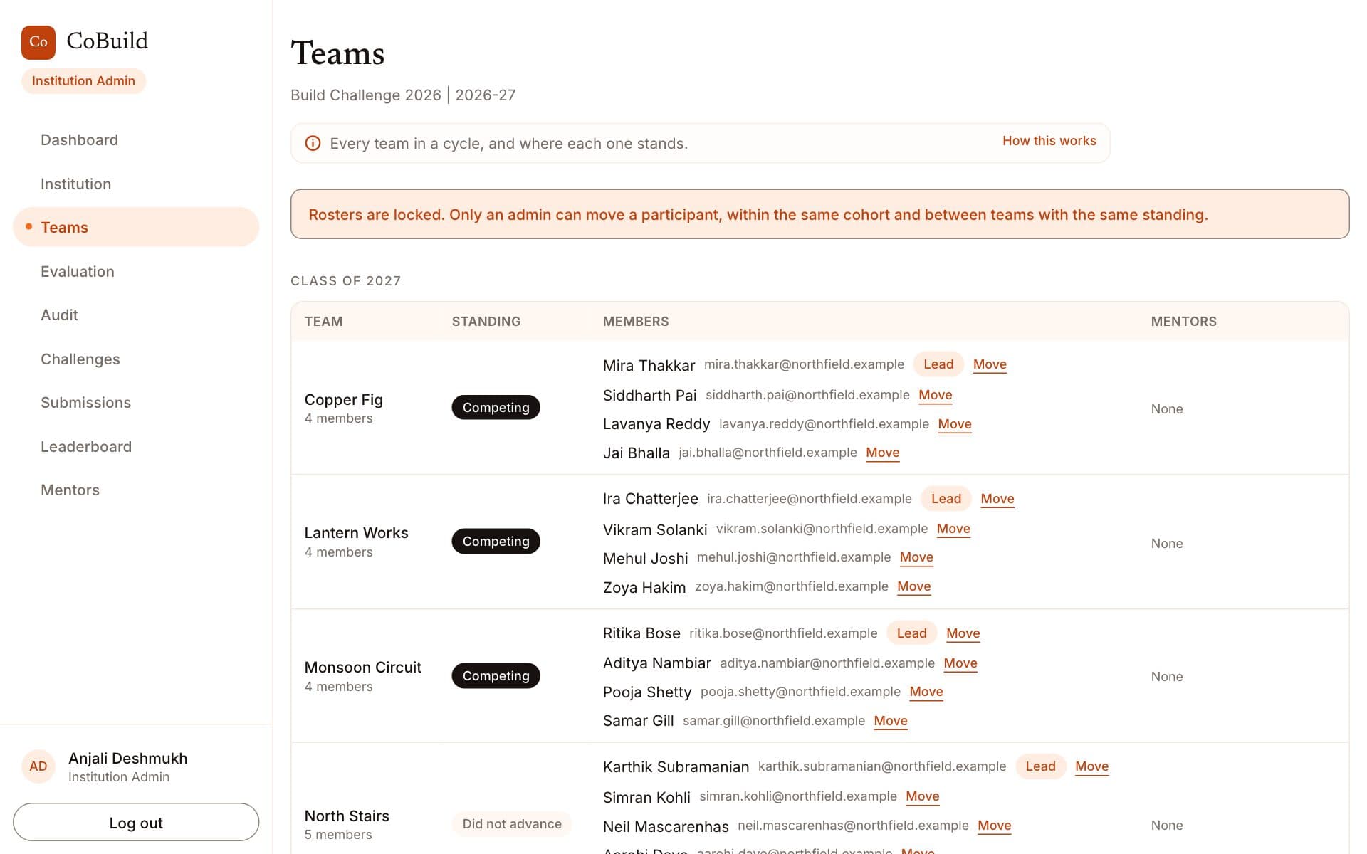 The teams list for one cohort, with each team's standing and its members.