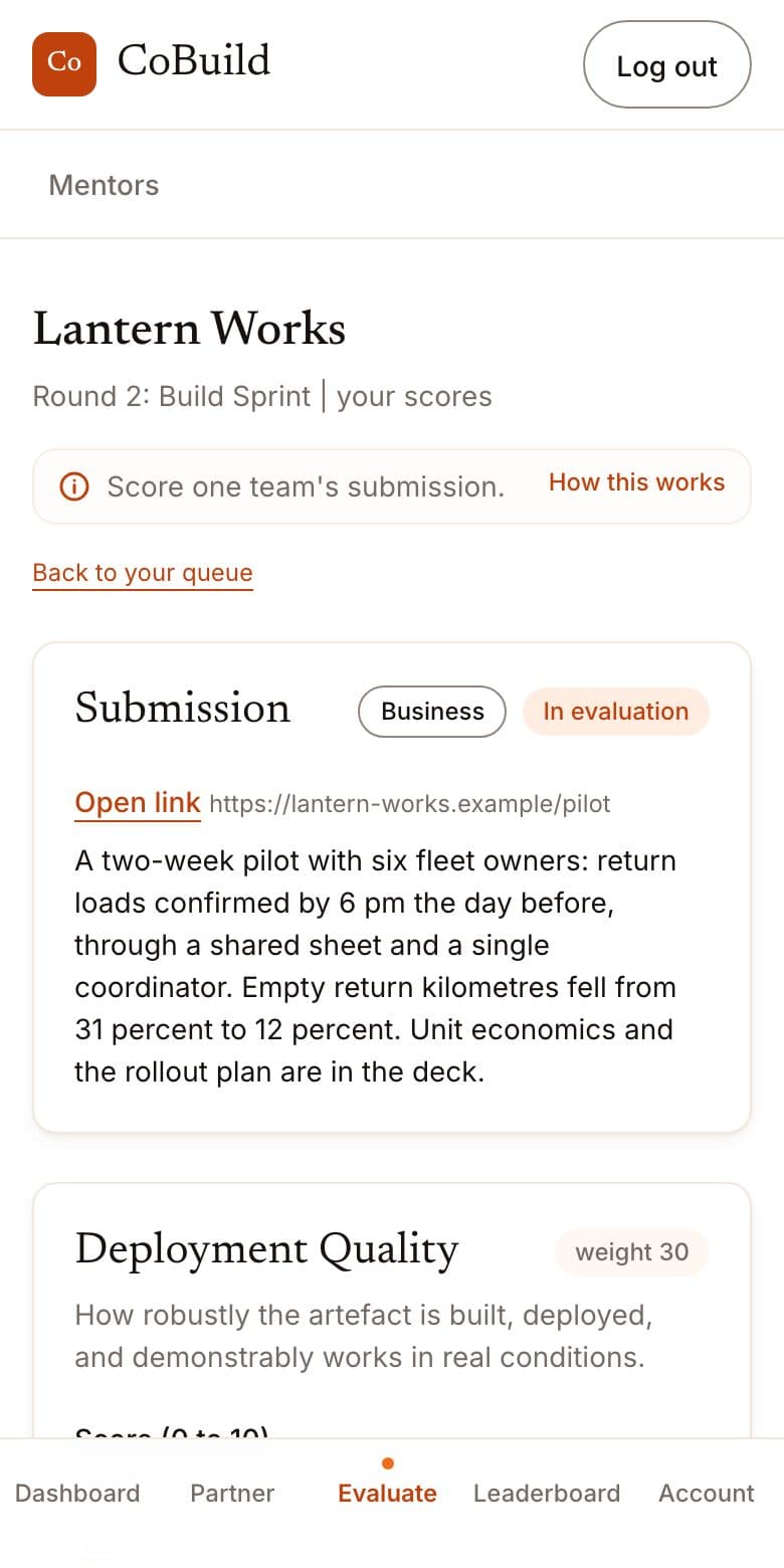 The partner's scoring form for one team: the submitted work, then a score out of ten and a note for each criterion.