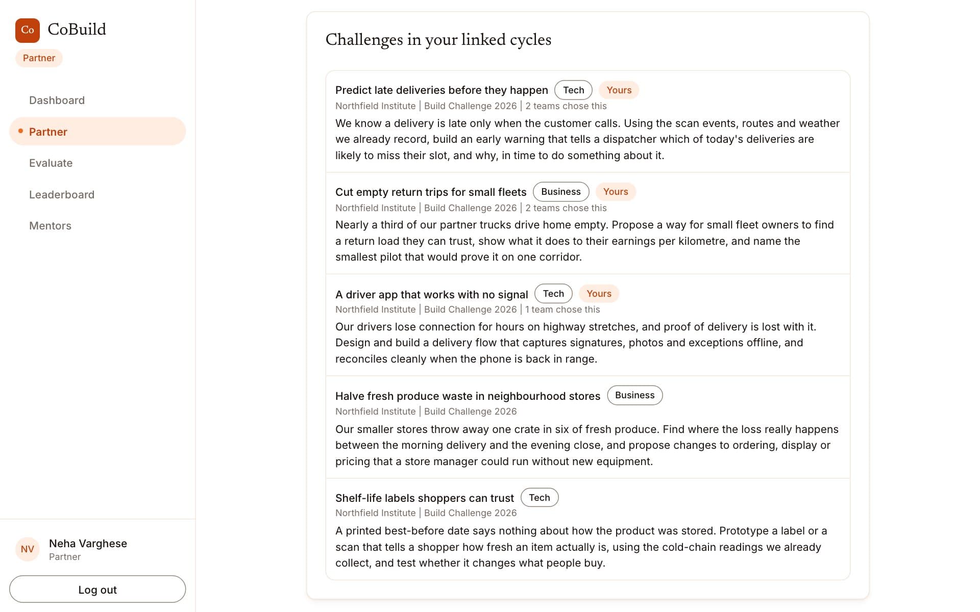 The partner workspace listing challenges, the partner's own marked as theirs with the number of teams that chose each.