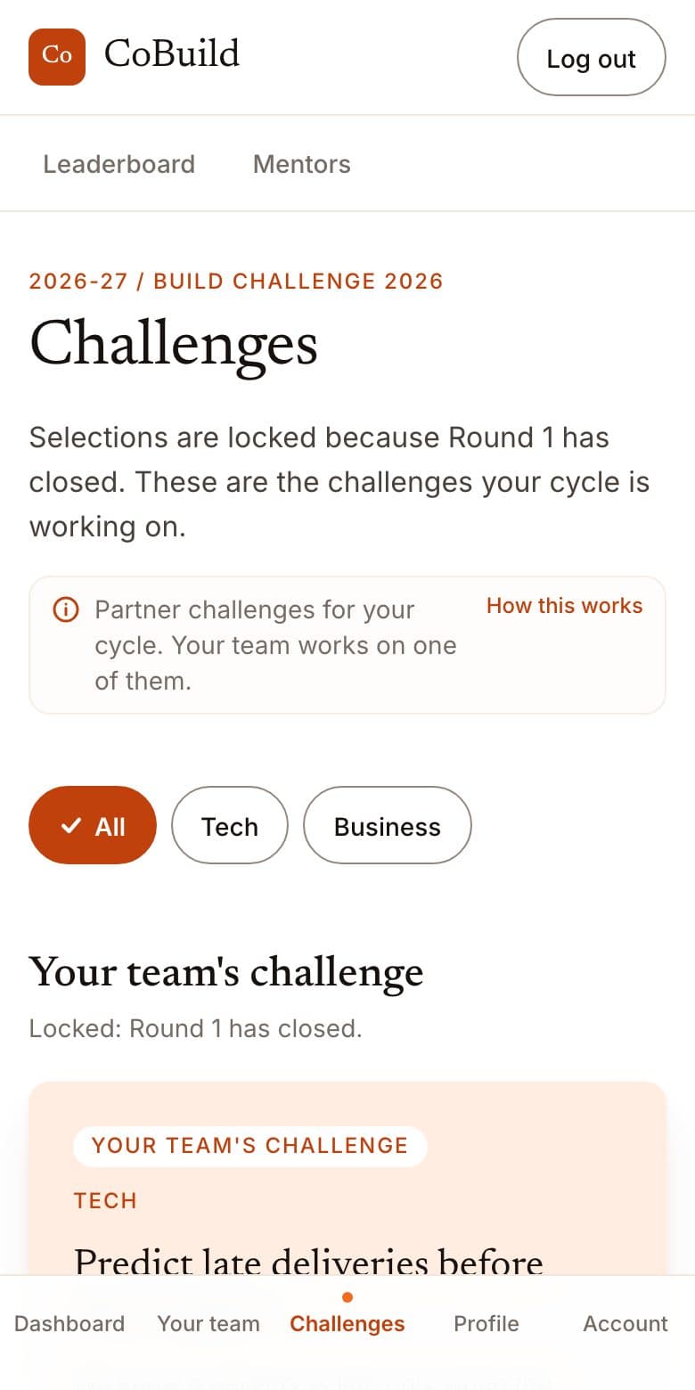 The challenges board, with the team's chosen challenge from a partner organisation at the top.
