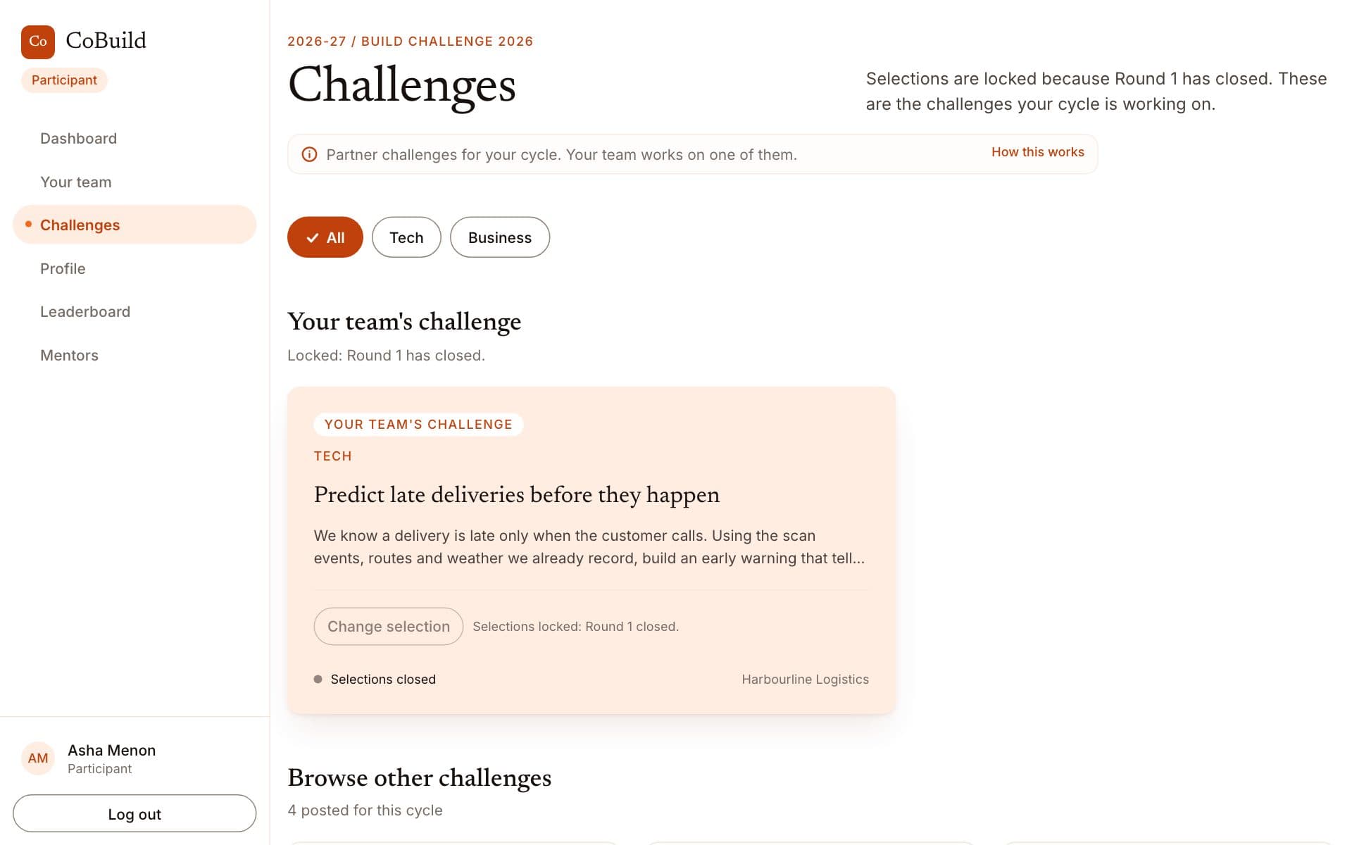 The challenges board, with the team's chosen challenge from a partner organisation at the top.