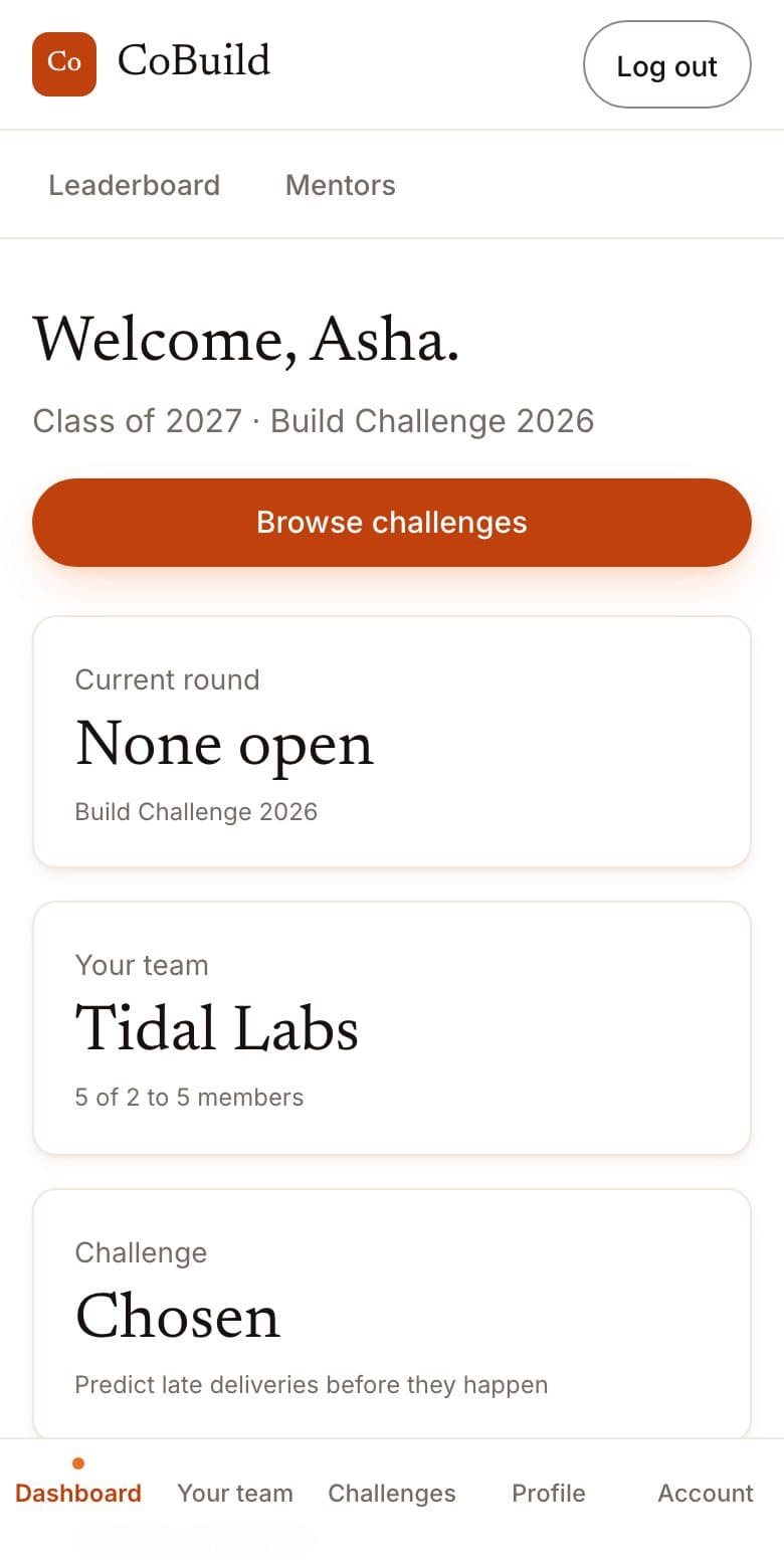A participant's dashboard: the team name, the chosen challenge, and a table of two submitted rounds, one shortlisted and one under review.
