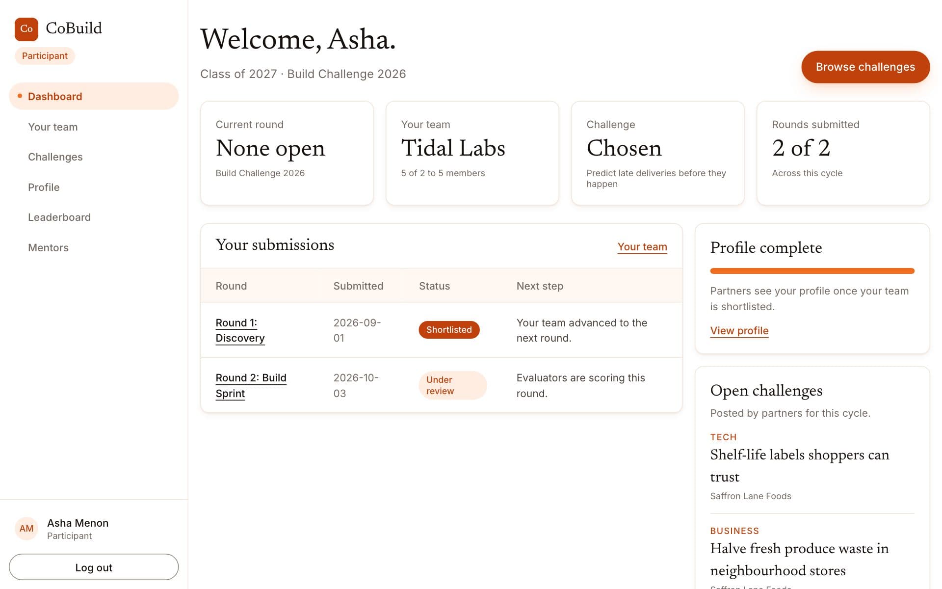 A participant's dashboard: the team name, the chosen challenge, and a table of two submitted rounds, one shortlisted and one under review.