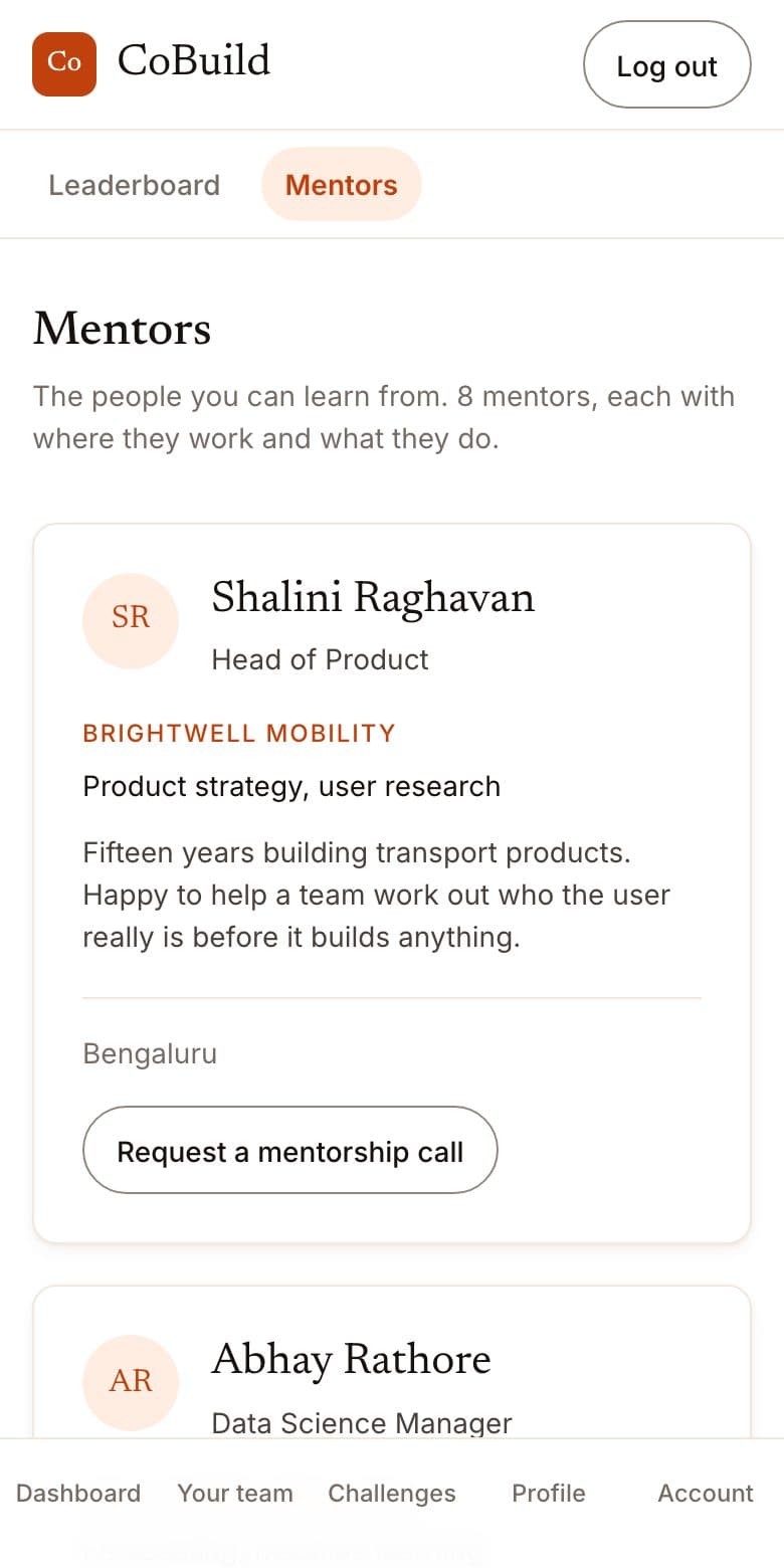 The mentors page, cards with each mentor's name, role and company. One card shows that a call has been requested.