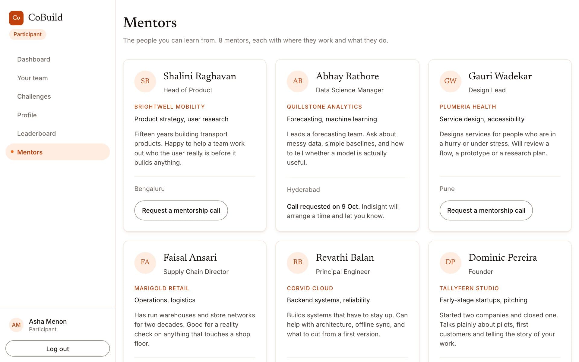 The mentors page, cards with each mentor's name, role and company. One card shows that a call has been requested.