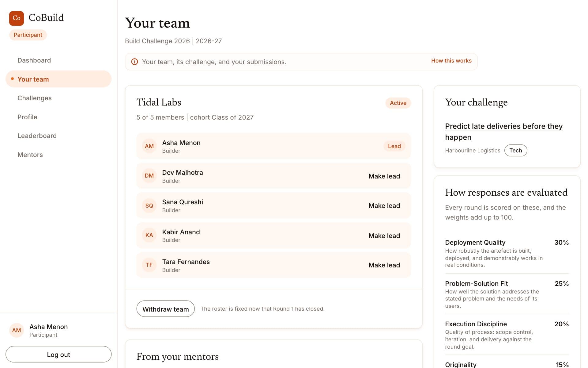 The team page listing five members with the team lead marked, the chosen challenge, and the scoring criteria with their weights.
